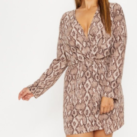 PrettyLittleThing Dresses & Skirts - PLUS TAUPE SNAKE PRINT LONG SLEEVE WRAP DRESS